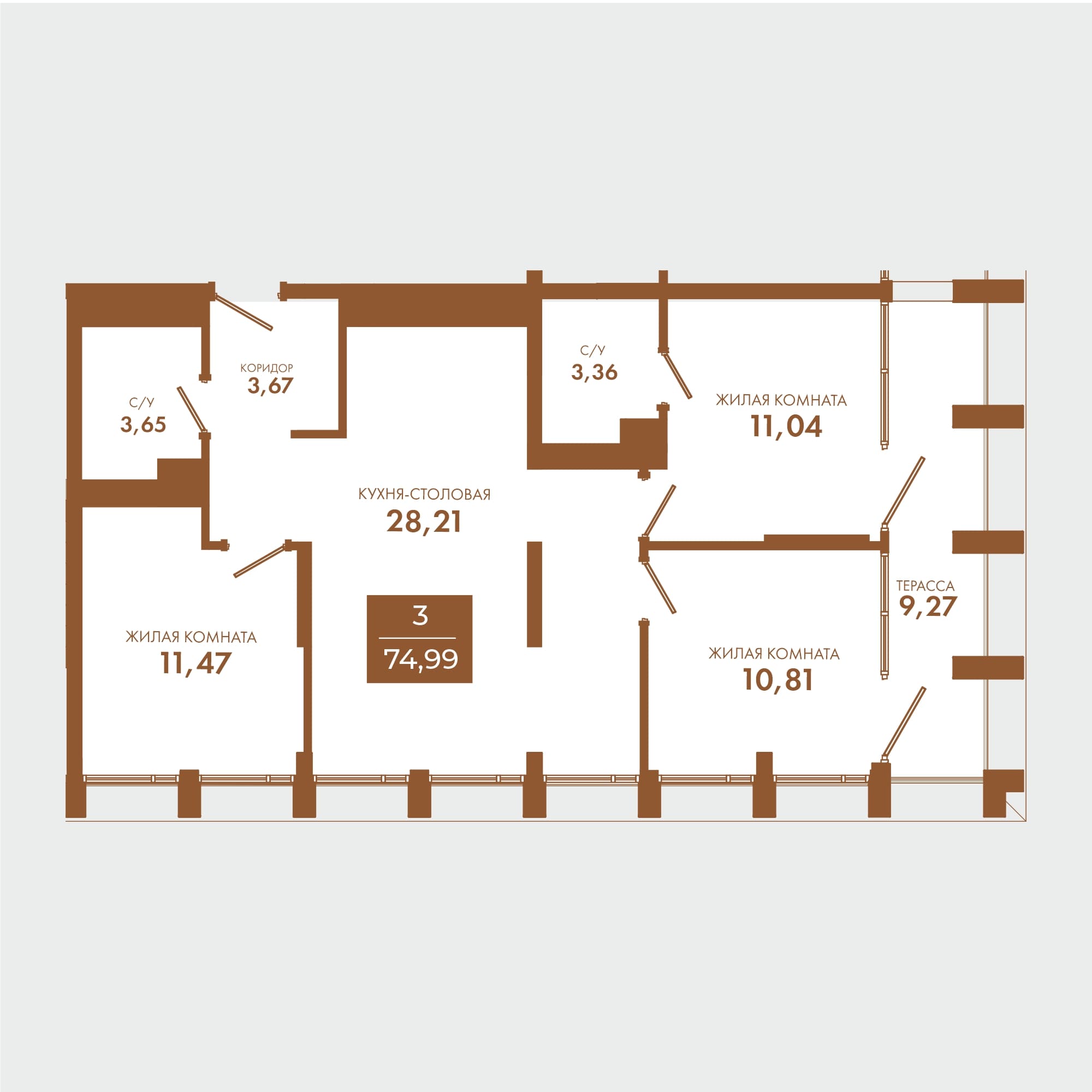 Планировка 3-комнатной квартиры 74,99 м.кв